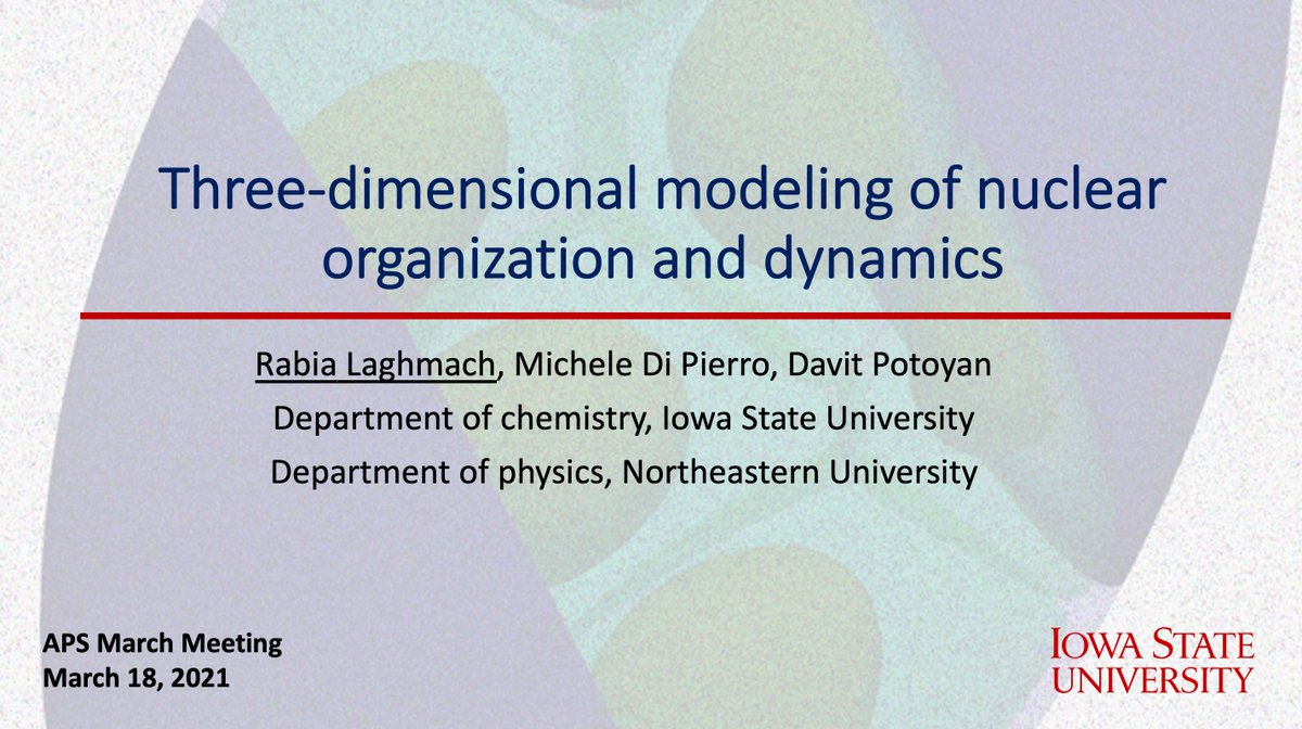 If you want to learn more about our recent fascinating work on the 3D nuclear chromatin organization and dynamics, come check out my presentation at #APSMarch, on Thursday (tomorrow) at 12:06 PM CDT (Session S13 Physics of genome organization I). meetings.aps.org/Meeting/MAR21/…