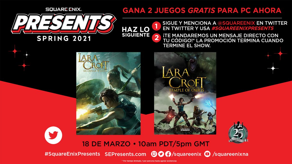 SquareEnixLatam's tweet photo. ¡OBTEN 2 JUEGOS DE @TombRaider PARA PC GRATIS AHORA MISMO!

👉Sigue a @SquareEnix en Twitter
👉Haz un Tweet con #SquareEnixPresents

Haz todo lo anterior y como por arte de magia, te enviaremos un código para ambos juegos a tu inbox de Twitter. ¡Eso es todo, vamos! https://t.co/dW2Hh6Qm1h