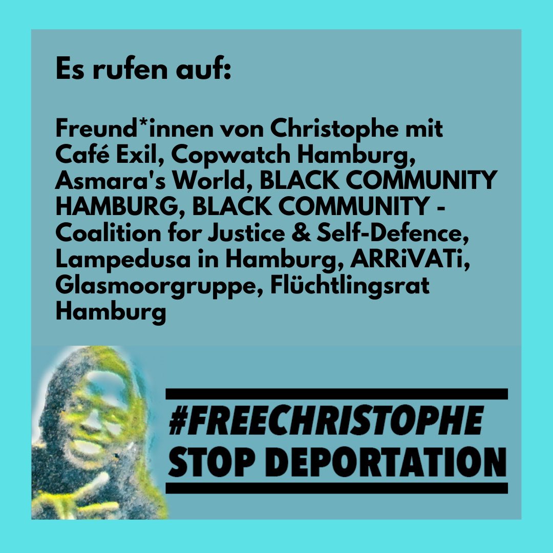 Freitag (19.03), 12 Uhr: Kundgebung gegen die #Abschiebung von Christophe! Zeigen wir unsere Solidarität mit Christophe und allen von Abschiebungen Betroffenen. Gemeinsam gegen den strukturellen #Rassismus &amp; die menschenverachtende Migrationspolitik. #FreeChristophe