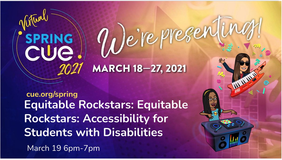 Wahoo..So excited ROCK this with @DrBDG_Edu!  Former special education teacher and program specialist for SELPA will be talking passionately about supporting students with disabilities in the virtual classroom!  #WeareCUE #AccessEdtech @cueinc <a href="/JoeMarquez70/">Joe Marquez, The EdTech MacGyver 📎💻💥</a> <a href="/pgilders/">Pam Gildersleeve-Hernandez</a> <a href="/LucyKirchh/">Laurel Aguilar-Kirchhoff</a>