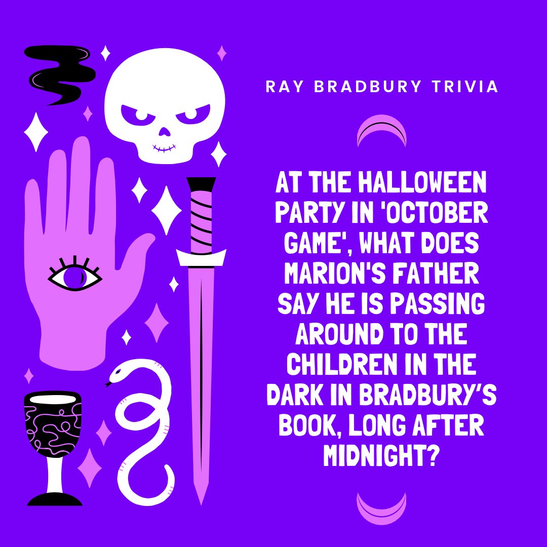 It’s time for some #BradburyTrivia! At the Halloween party in 'October Game', what does Marion's father say he is passing around to the children in the dark in Bradbury’s book, Long After Midnight? #RayBradbury #Trivia #LongAfterMidnight