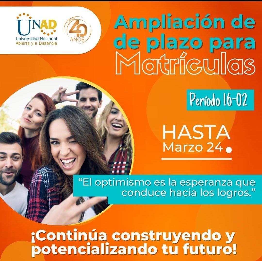 Matrículas abiertas hasta el próximo 24 de marzo, ven y empieza a construir tus sueños. Te esperamos <a href="/UniversidadUNAD/">Universidad UNAD</a> <a href="/leoalzate03/">Leonardo Alzate</a>