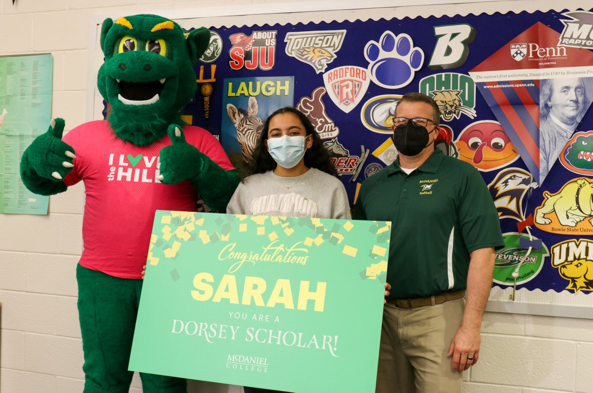 McDanielCollege's tweet photo. This year's second Dorsey Scholar is Sarah Youssef, a senior at Gaithersburg High School @MCPS! 🎉💚💛
Sarah was surprised at her school today by representatives from the Admissions Office and the Green Terror. 
Check out @ABC7News coverage here: https://t.co/qQ7u2frCuE https://t.co/LZoVF6mucQ