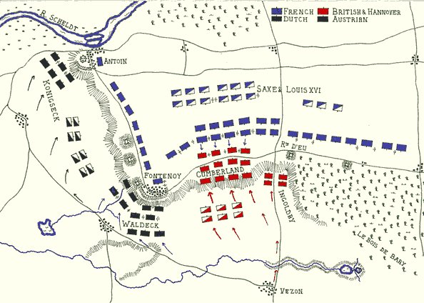 Maurice de Saxe also chose his ground well; his infantry took its position along a ridgeline flanked by the village of Fontenoy and a forest. Altogether it was a formidable position, but Maurice de Saxe couldn't be sure of victory, which isn't good when the king is watching.