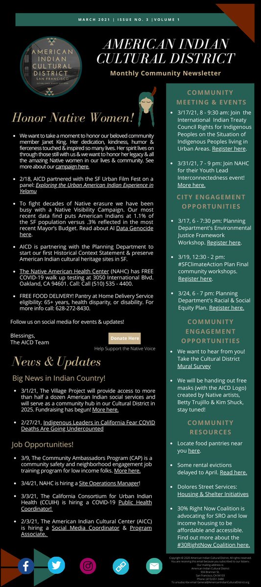 aicdsf's tweet image. Happy Women’s Heritage Month and Spring Equinox! Here is our March 2021 AICD Newsletter with the latest updates from our Cultural District. View our linked newsletter here: tinyurl.com/March21AICDNew… #IndigenizeSF #RamaytushOhloneLand #AmericanIndianCulturalDIstrict