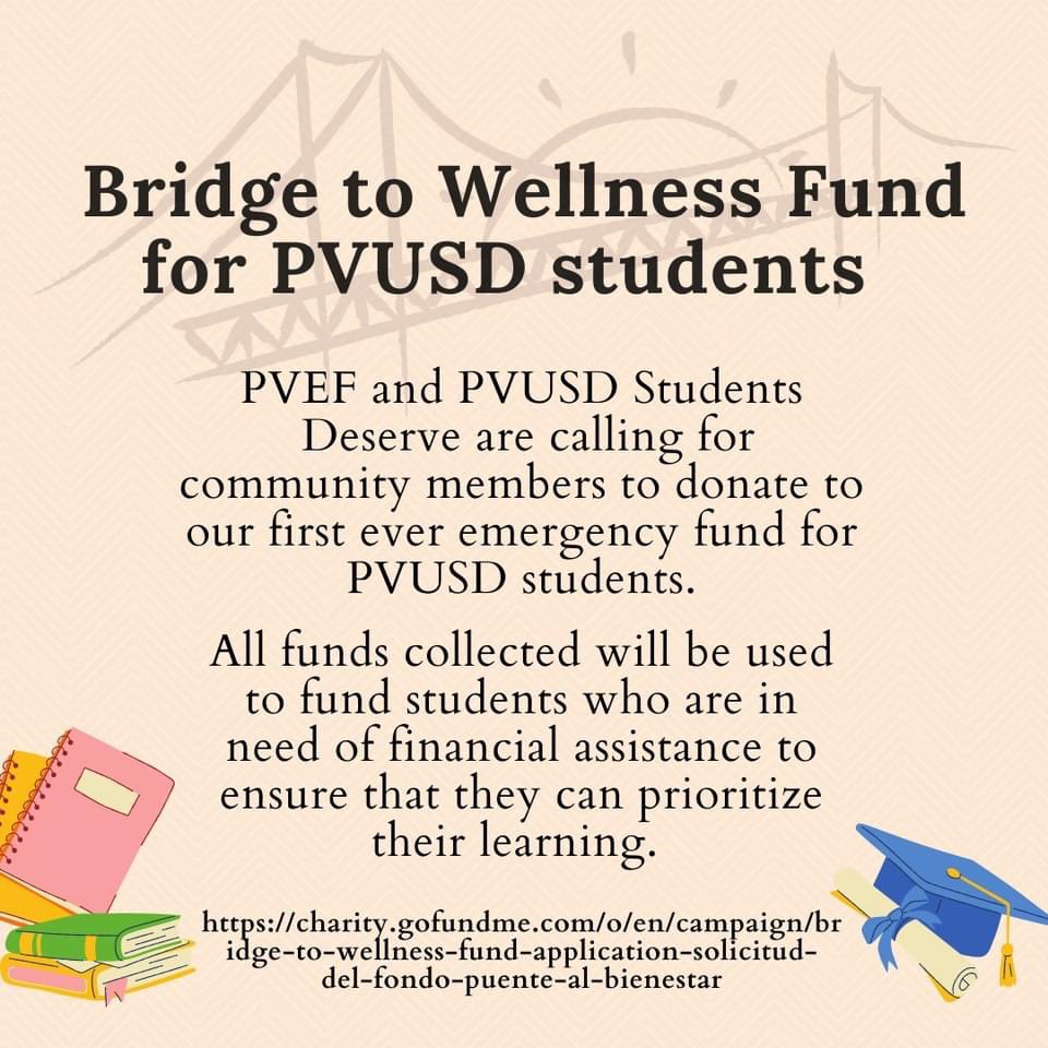 m_orozco88's tweet photo. The PV Education Foundation is happy to partner with @pvusdstudents in the development of our "Bridge to Wellness" Fund. Please share widely &amp; help us reach our initial goal of $10,000. Funds will be made available tp PVUSD students/families experiencing financial hardship. https://t.co/ZwwPSw9276
