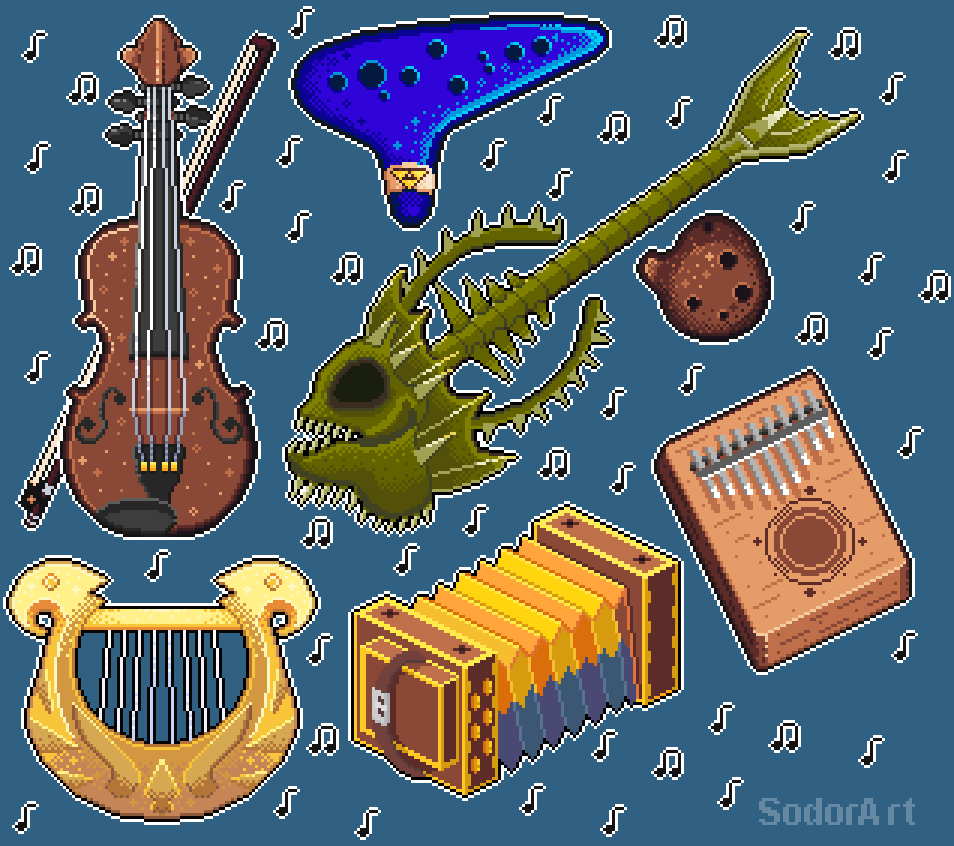 SodorOrchid's tweet photo. Instruments series! I love putting all the individual pieces in a collage like this!
#pixelart #pixelartist #aseprite https://t.co/EFJxuoNZQg
