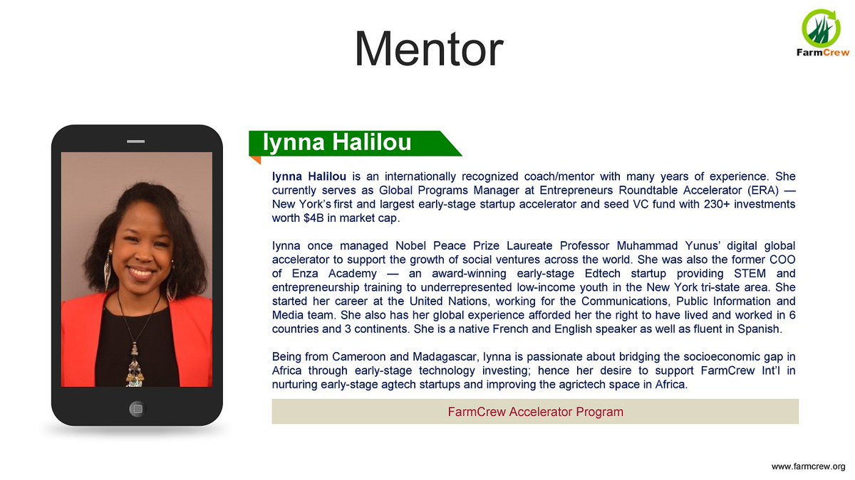 farm_crew's tweet photo. Meet one of our revered Mentors Iynna Halilou @iynna_halilou  #AcceleratorProgram! https://t.co/gRHEO5Pkl3 admin@farmcrew.org https://t.co/16au9vteBQ Twitter: @farm_crew  @xy_analytics @bishopdotun @agromileNg @OluAkanmu https://t.co/DaluoLhCF9