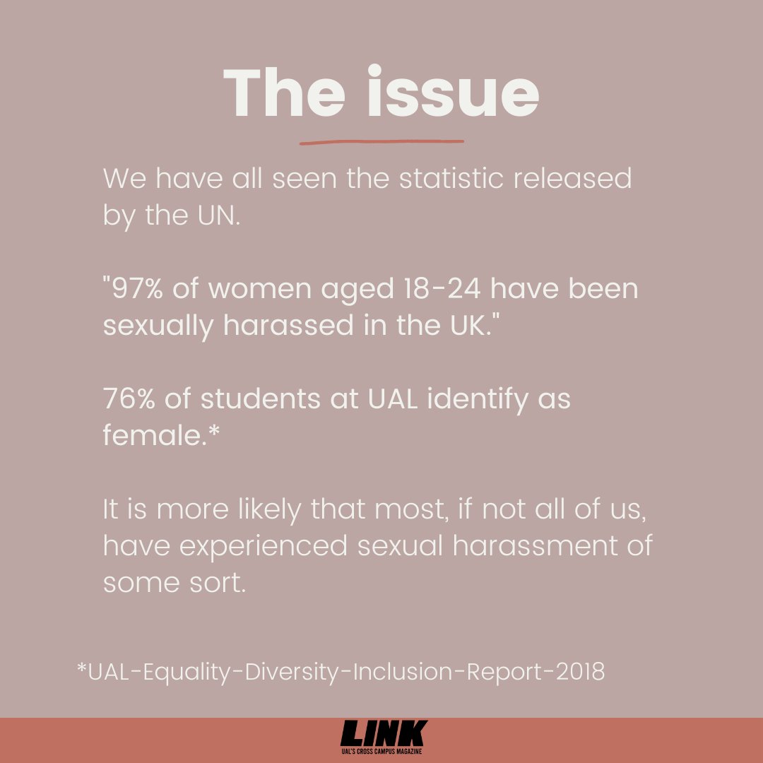 LinkUalMag's tweet photo. It's not all men but it's too many women. And women make up the majority of UAL students.
Together, we can take a stand against sexual harassment. Listen, be proactive and share these conversations. #NotAllMen 

https://t.co/3qbDs6ZD9I https://t.co/ILnWMuImJV