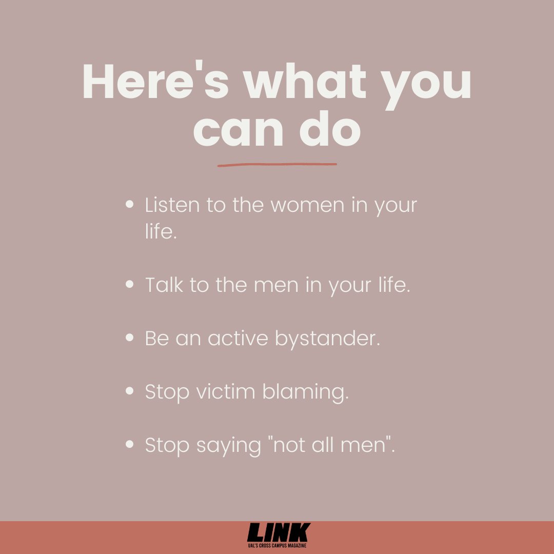 LinkUalMag's tweet photo. It's not all men but it's too many women. And women make up the majority of UAL students.
Together, we can take a stand against sexual harassment. Listen, be proactive and share these conversations. #NotAllMen 

https://t.co/3qbDs6ZD9I https://t.co/ILnWMuImJV