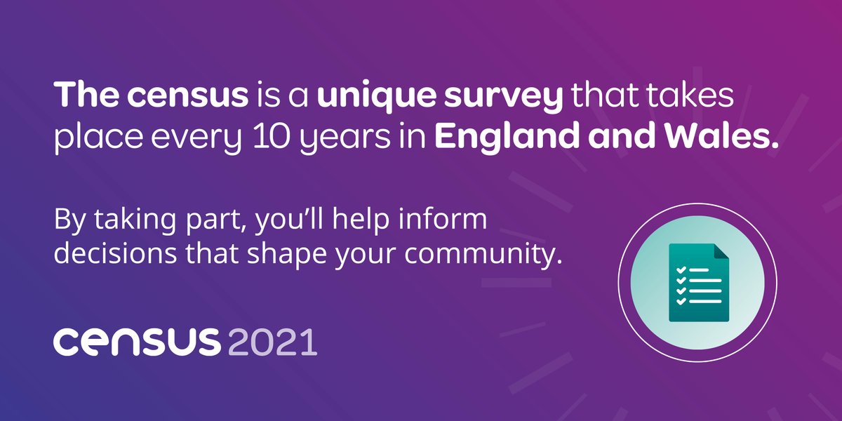 The <a href="/Census2021/">Census 2021 - England & Wales</a> is coming on Sunday 21st March. 
By filling in your census, you will help shape your community for the next 10 years.
Find out more at census.gov.uk