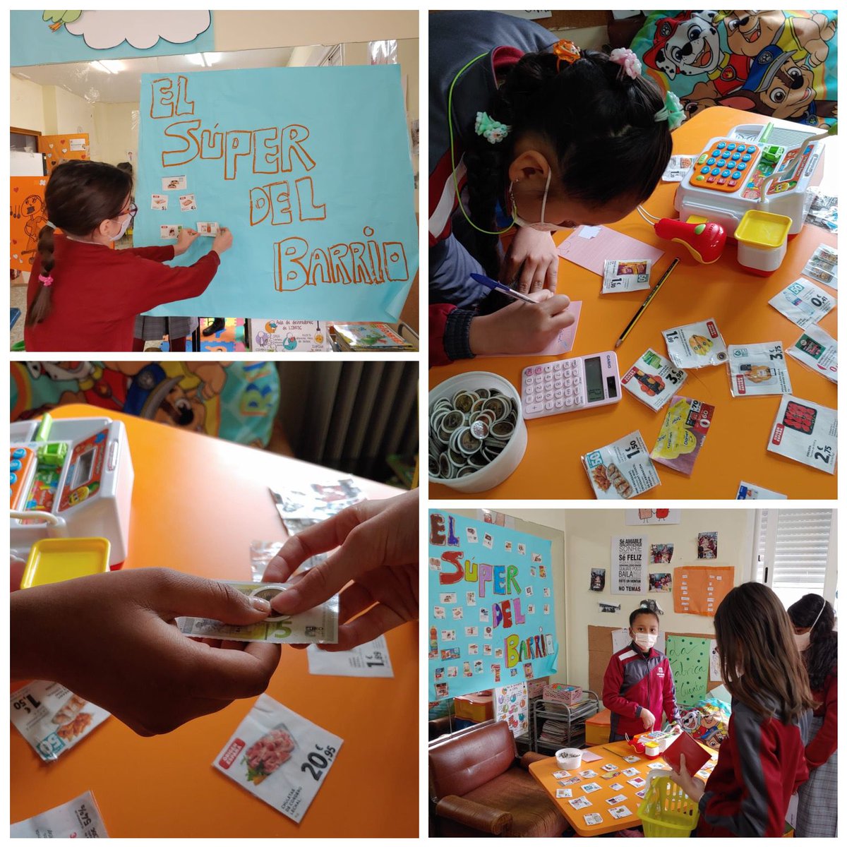 SalesEstrecho's tweet photo. ¡El súper del Barrio! Alumnos crean un Supermercado en el aula de pt de primaria: decorado, productos, tickets. Trabajando el concepto de dinero, los decimales y pasando por diferentes roles a través del juego. #Aulapt #Orientación #MatemáticasManipulativas https://t.co/1P7VPNg6xp