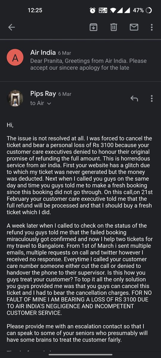 pipsray's tweet photo. @airindiain it's been more than 18 days and I still haven't received any https://t.co/Zs5w9vCxr5 when I again called your customer care they were not even able to find the cancelled PNR.what is going on @airindiain shame on you guys.@DGCAIndia please help. https://t.co/a7hkkIDOw3