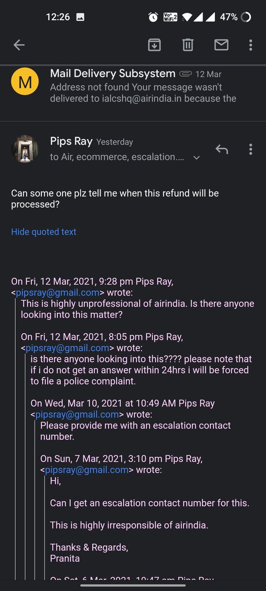 pipsray's tweet photo. @airindiain it's been more than 18 days and I still haven't received any https://t.co/Zs5w9vCxr5 when I again called your customer care they were not even able to find the cancelled PNR.what is going on @airindiain shame on you guys.@DGCAIndia please help. https://t.co/a7hkkIDOw3