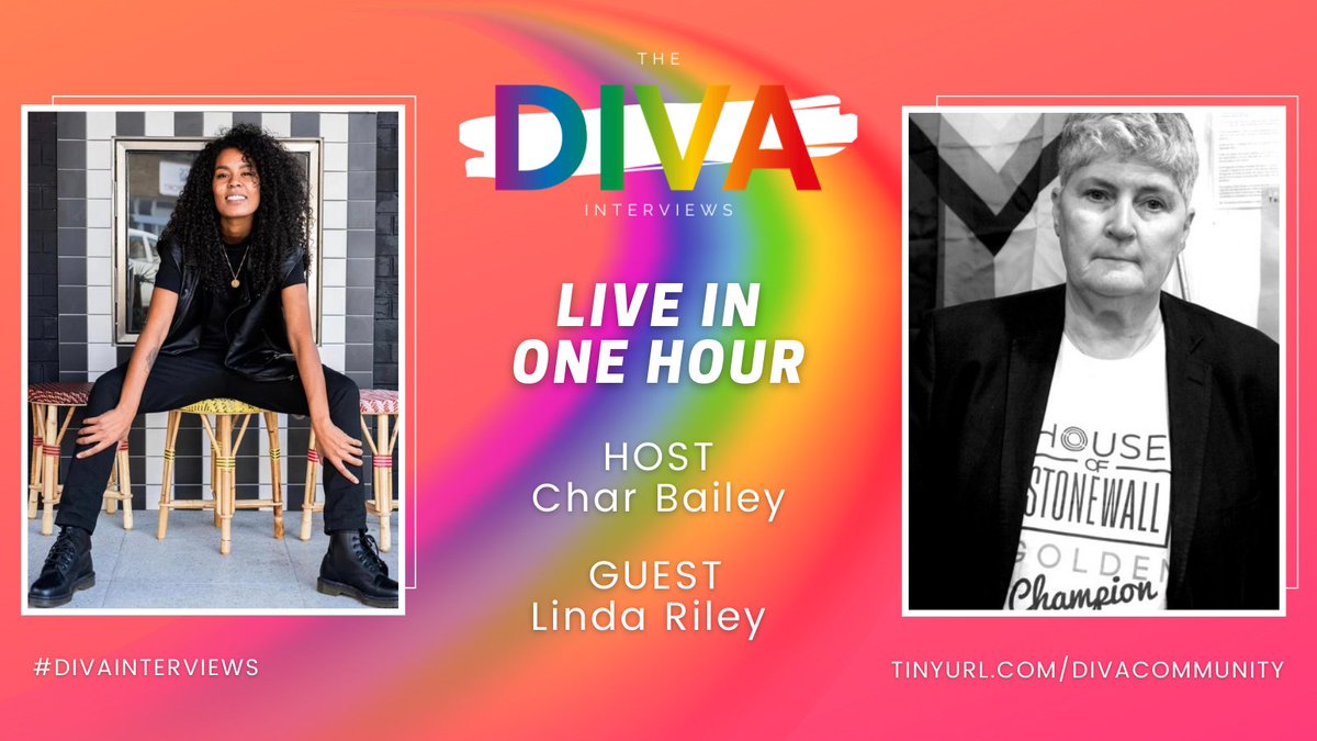DIVAmagazine's tweet photo. LIVE IN ONE HOUR 🌈 Celebrate the #DIVACommunity’s first birthday with #DIVAInterview between DIVA publisher @LindaRiley8 and @char_bailey_! 🏳️🌈 https://t.co/Ls7zmNfsay https://t.co/VVwB8c3JuL