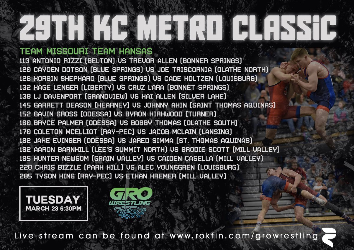 GroWrestling's tweet photo. #KCMetroClassic baby!  Kansas comes in as defending champs. Will Missouri take it back?  Attendance is limited (tickets only available through competitors) but you can subscribe and watch at https://t.co/oHLSqG6QYE https://t.co/w0IX4K18wH