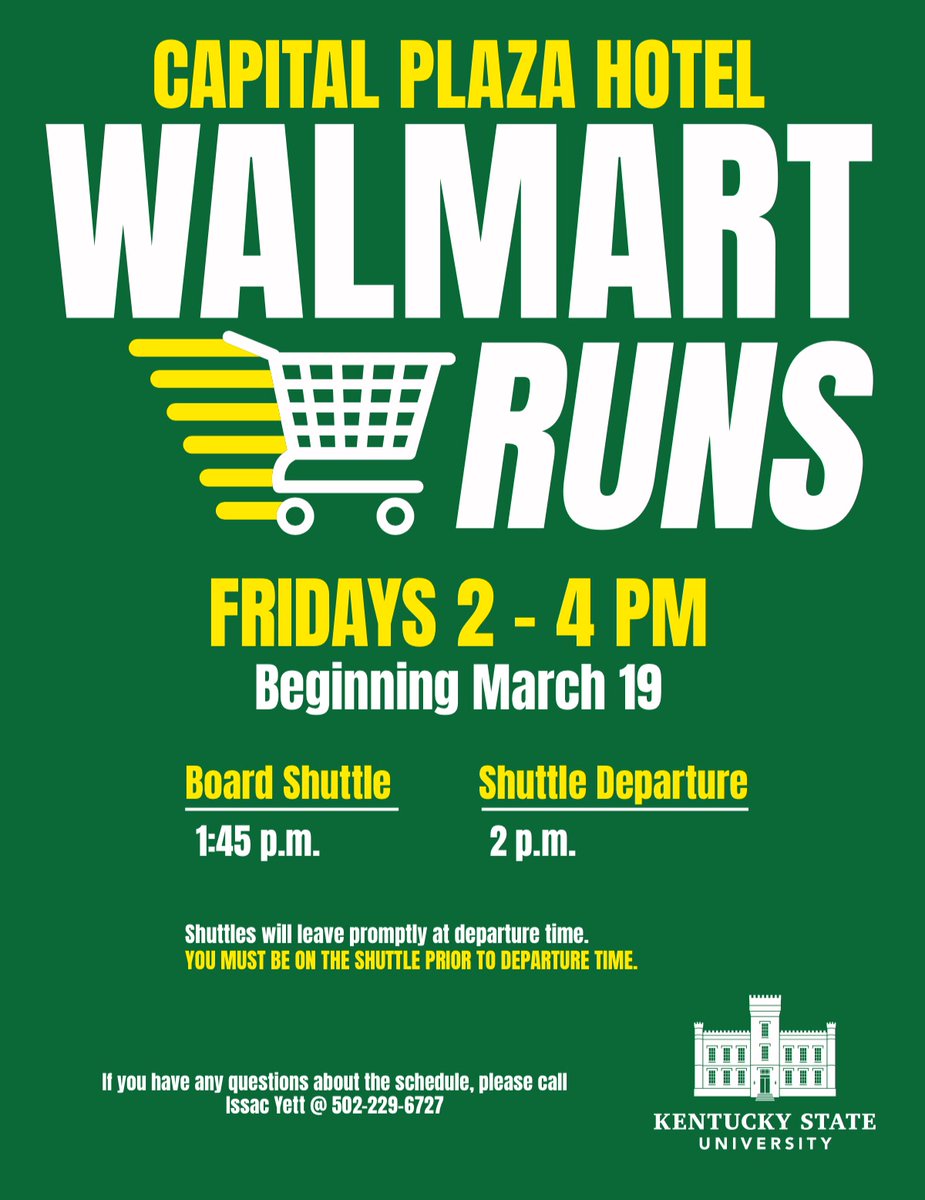 KYSU Walmart Runs! Stay posted on your Campus, Capital Plaza, and Fairfield Inn times! #GoBREDS