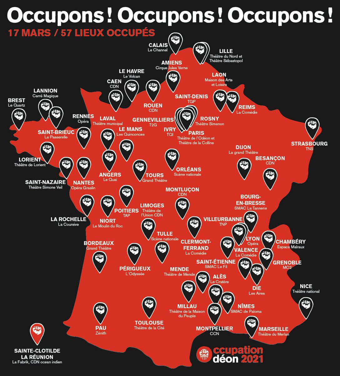 OccupationOdeon's tweet photo. 57 lieux sont maintenant occupés !!!
On lâche rien ! 
On a encore pleins de lieux qui arrivent dans la bataille !

#OccupationOdeon2021
#OccupationOdeon
#OccuponsPartout
#OccupationPartout https://t.co/ZoRswvDE63