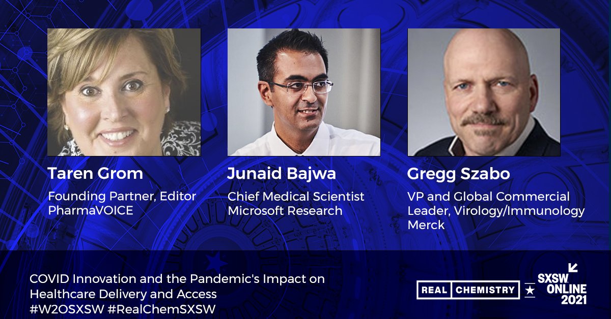 RealChemistry_'s tweet photo. Thank you to our client Gregg Szabo (@Merck), @tgrom (@PharmaVOICE) &amp; @drjbajwa (@MSFTResearch) for sharing their POV on the pandemic's impact on #healthcare delivery and access! #RealChemSXSW #W2OSXSW https://t.co/fHLBtL4GK8