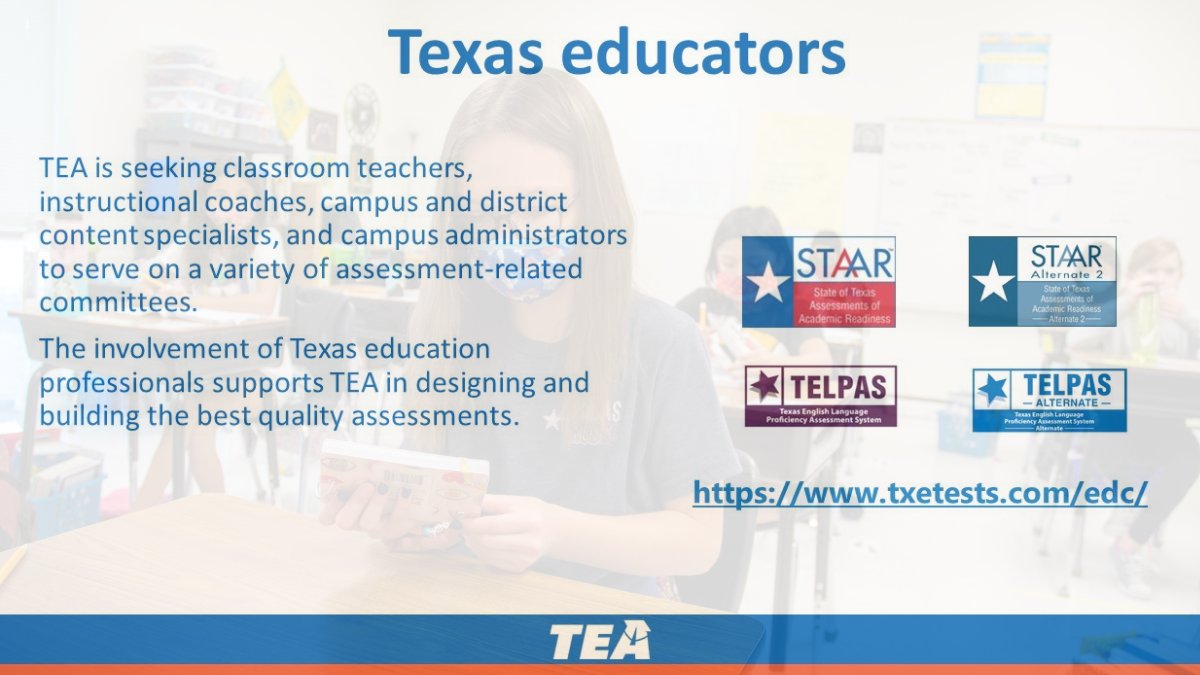 TX education professionals: TEA is seeking your assistance to identify qualified candidates who can serve on assessment-related committees. Apply today and help support the design and building of high-quality assessments for TX students. bit.ly/38ybNQb #txed