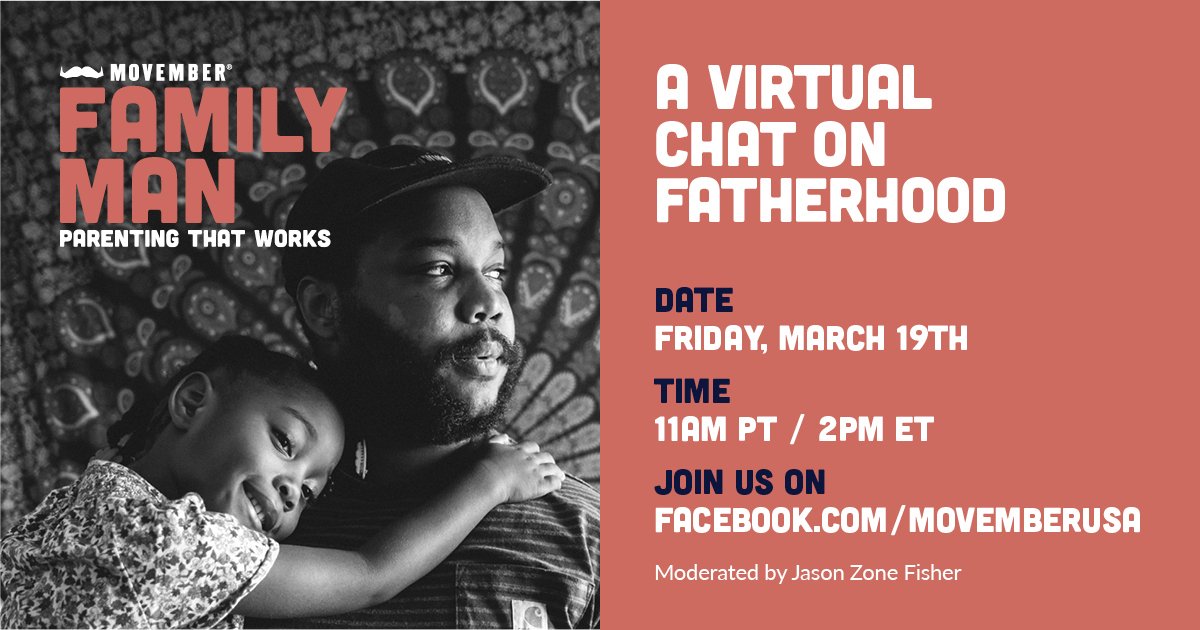 Movember's tweet photo. Raising children is a team effort, which is why on Friday, March 19, we are hosting a virtual chat on fatherhood, moderated by @JZFish and featuring panelists @YogiRoth, @JustinTuck, @iamjrmartinez and more.

Tune in here on Friday: https://t.co/1Tdo0xHha2 #Movember https://t.co/eINBFDlnM1