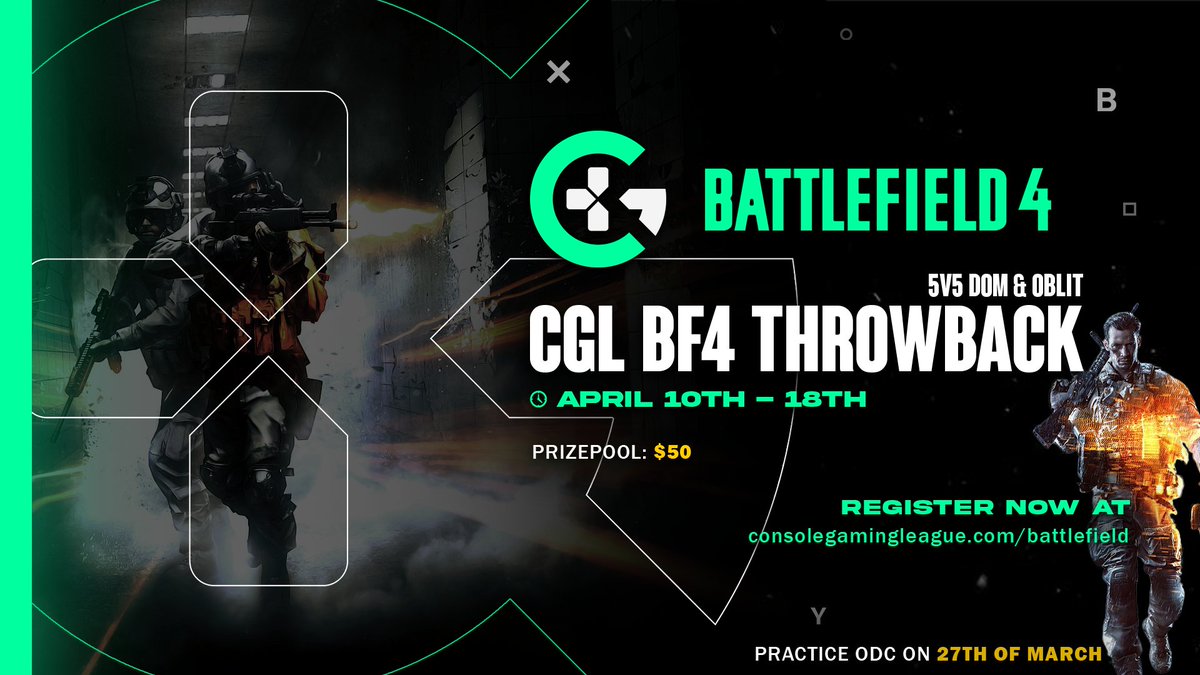 L4urensF's tweet photo. @ConsoleGamingLG BF announces a BF4 Throwback Tournament!
I received a lot of interest and now it's official.
📅 10-18th of April
⚔️ Double Elimination Bracket
🎮 Playstation ONLY
💰 $50
Practice ODC on 27/03!
All info in https://t.co/Q0pZEfaCUU !
#CGLBF #BF4 #Battlefield4 https://t.co/Px0orsGPuN