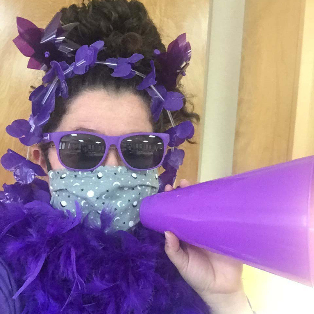 HubbardHouse's tweet photo. Our Volunteer &amp; Community Education Coordinator couldn’t figure out which purple accessories to wear to the 03/27 Wallk, so she decided on ALL of them!

Are you registered? https://t.co/X3p3n7b5V6
&amp;, what are you wearing?

Costume contest candidates, meet at the stage, 8:30 am https://t.co/x6HQoKgyPj
