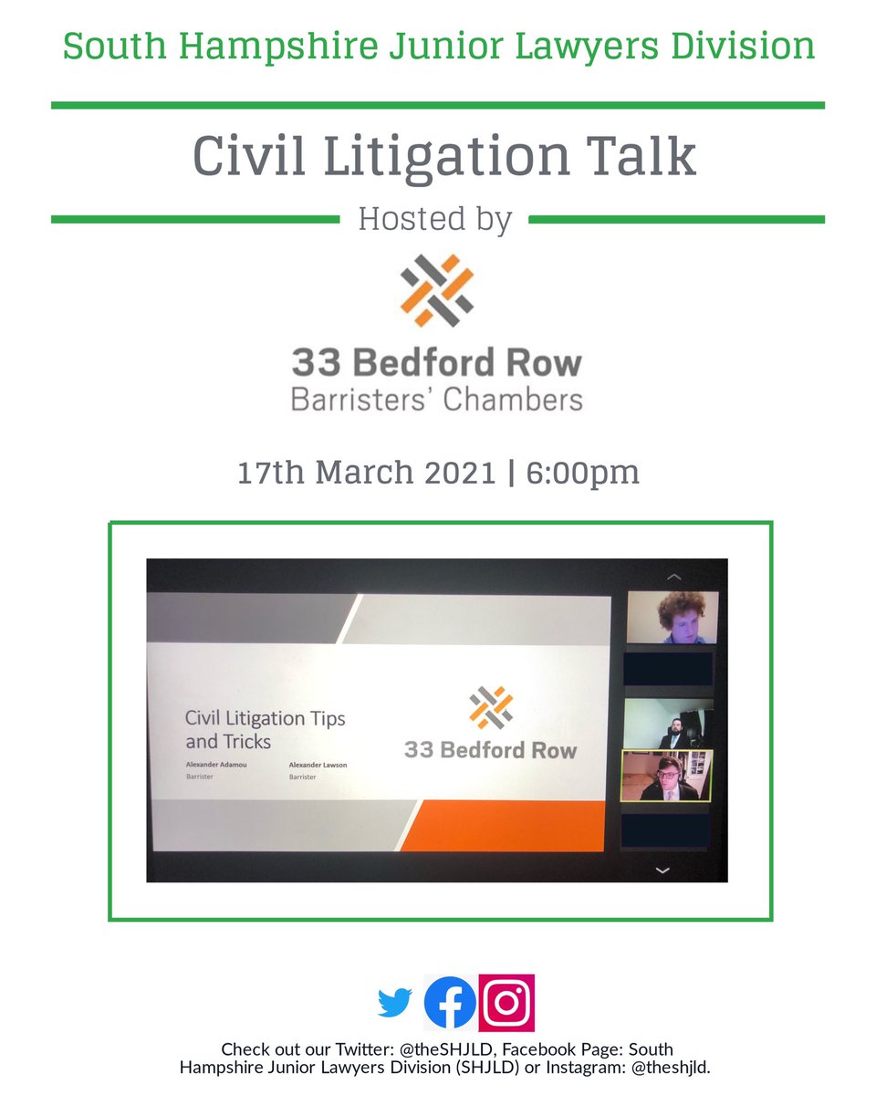 theSHJLD's tweet photo. We hope all of you who joined us this evening enjoyed this brilliantly informative webinar hosted by @33BedfordRow
A huge thanks to Alex Adamou and Alex Lawson for this talk!
#shjld #legaltalks #Legalwebinars #law #jld #juniorlawyersdivision
@NotAnEmptySuit https://t.co/bHc5o6k5LO
