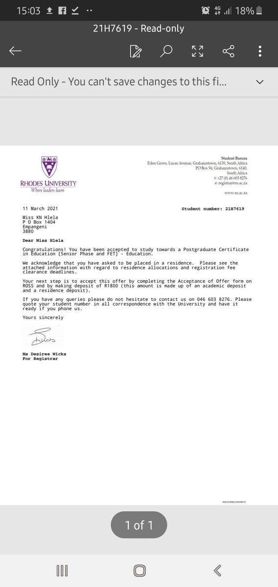 ZamakonkeK's tweet photo. Fam, please kindly help my fellow sister. She got an offer at Rhodes university for her PGCE course, she doesn't have a financial aid support. Unfortunately she cannot register until she pays a registration fee of (R4110,7) and an acceptance offer of (R1800). https://t.co/UpnWtqS7Wb