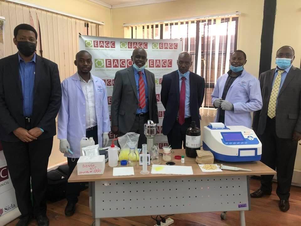 SorelaScientifc's tweet photo. Demonstration of Elisa aflatoxin test kits and Equipment to Director General Agricutural food authority Kelli Harsama and Executive Director Eastern African grain council Mr Gerald Masila 
Sorela scientific Technical team Gerald Musyoki, Samson Isinga and CEO Peter Mutuku at EAGC https://t.co/OpVjEy9Zng