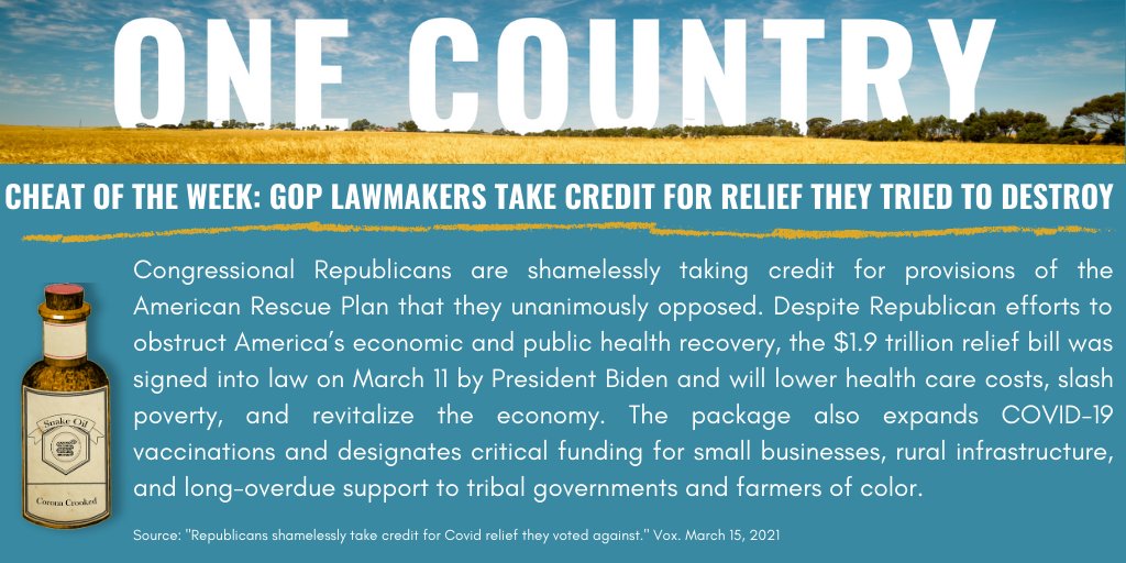 _OneCountry_'s tweet photo. This week’s #CheatoftheWeek goes to GOP lawmakers. After voting against economic relief for millions of Americans, Congressional Republicans are shamelessly taking credit for legislation they did everything in their power to destroy. https://t.co/zLC8Ylvlh4