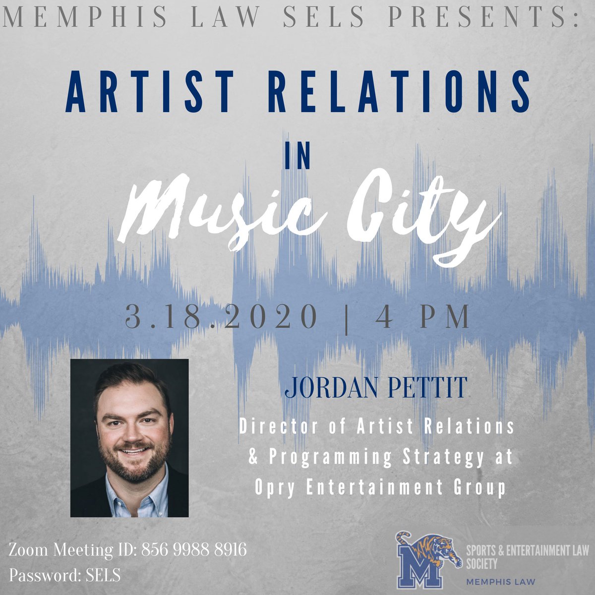 We are so excited to have Jordan Pettit speaking tomorrow at 4pm! He currently serves as the Director of Artist Relations &amp; Programming Strategy at Opry Entertainment Group, a Ryman Hospitality Company. We are looking forward to seeing you all there!