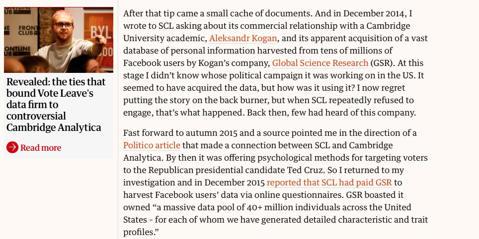 This also would bring us to the timeline.When did Facebook first know there was an issue with Cambridge Analytica? After digging around for a year, a Guardian reporter published on 12/11/15 leading to FB's initial cover-up and aggressive effort to kill off further reporting. /10