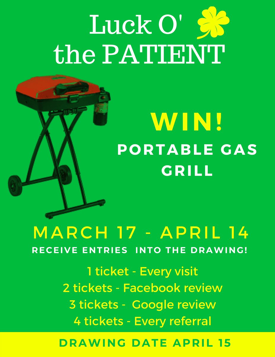 AdvancedMedWell's tweet photo. Luck O' The Patient begins today! 🍀🍀  Come if for an appointment,  refer your friends, and/or give us some reviews.  Raffle runs all month!  You could WIN this great portable, travel grill.  Great for picnics, tailgating or anywhere!  
#raffle #stpatricksday #stpatricksday2021 https://t.co/0uzlK1skP0
