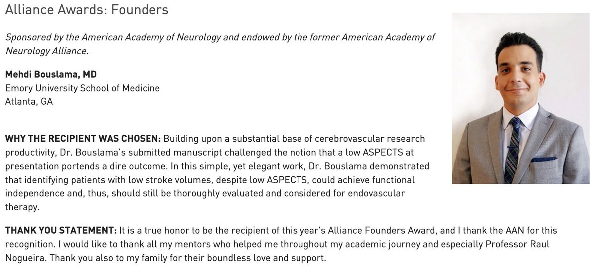 Congratulation to @BouslamaMd awarded the @AANMember Alliance Awards: Founders for 2021! #ResidentResearch @EmoryMedicine @EmoryUniversity @RebeccaFasanoMD Mehdi will be joining @WCMCNeurology next year as a stroke fellow before pursuing neuroendovascular @UBneurology