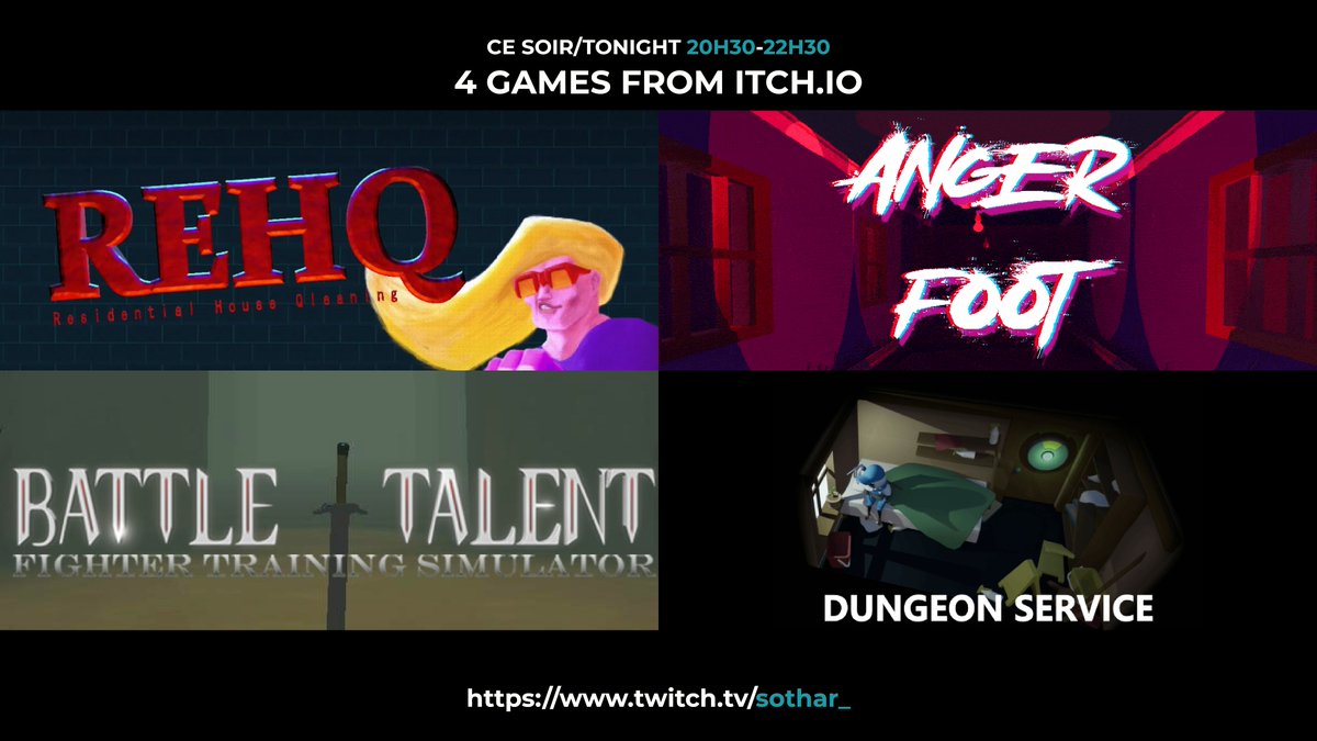 I'm going live every Monday/Wednesday/Saturday
I'm trying out 4 different Games/Apps from itch.io

twitch.tv/sothar_
#twitch #itchio #gameplay #indiegame #REHQ #AngerFoot #BattleTalent #DungeonService