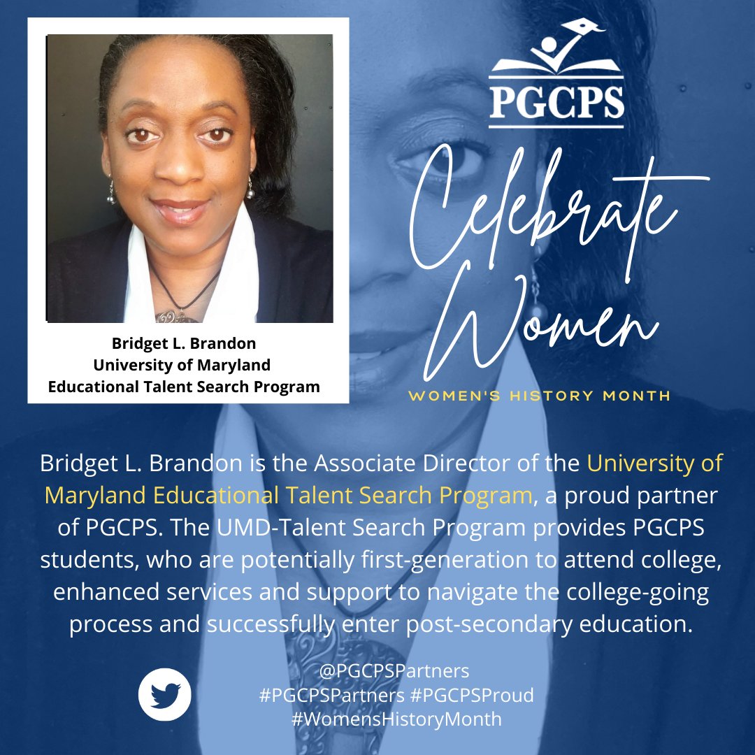 PGCPSPartners's tweet image. We're celebrating #WomensHistoryMonth by celebrating women leaders on Wednesdays in March! Help us celebrate #PGCPSPartner Bridget Brandon of the University of Maryland Educational Talent Search Program. Leave a ❤ and help us celebrate her! #WCW #umdtalentsearch #PGCPSProud