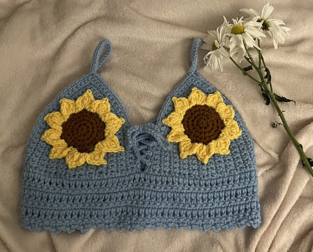 daisydaggerco's tweet photo. Sunflower tops in several different colors 🌻🥰 you can request any color! https://t.co/DIeBGHGmEg https://t.co/N60ugqTg4U