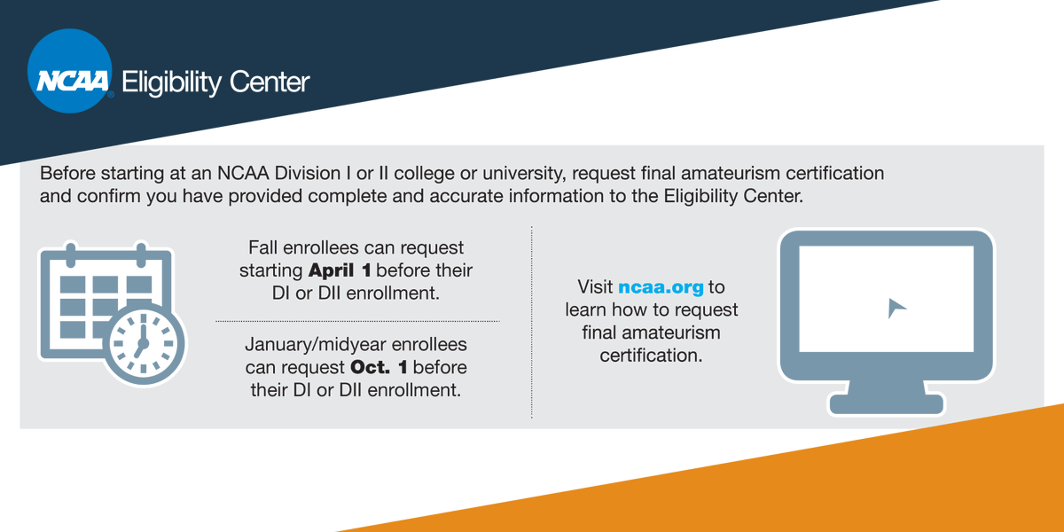Enrolling at an <a href="/NCAA/">NCAA</a> DI or <a href="/NCAADII/">NCAA Division II</a> school this fall? You need to request final amateurism in your <a href="/ncaaec/">NCAA Eligibility Center</a> account before you are eligible to compete.

➡️ on.ncaa.com/Amat