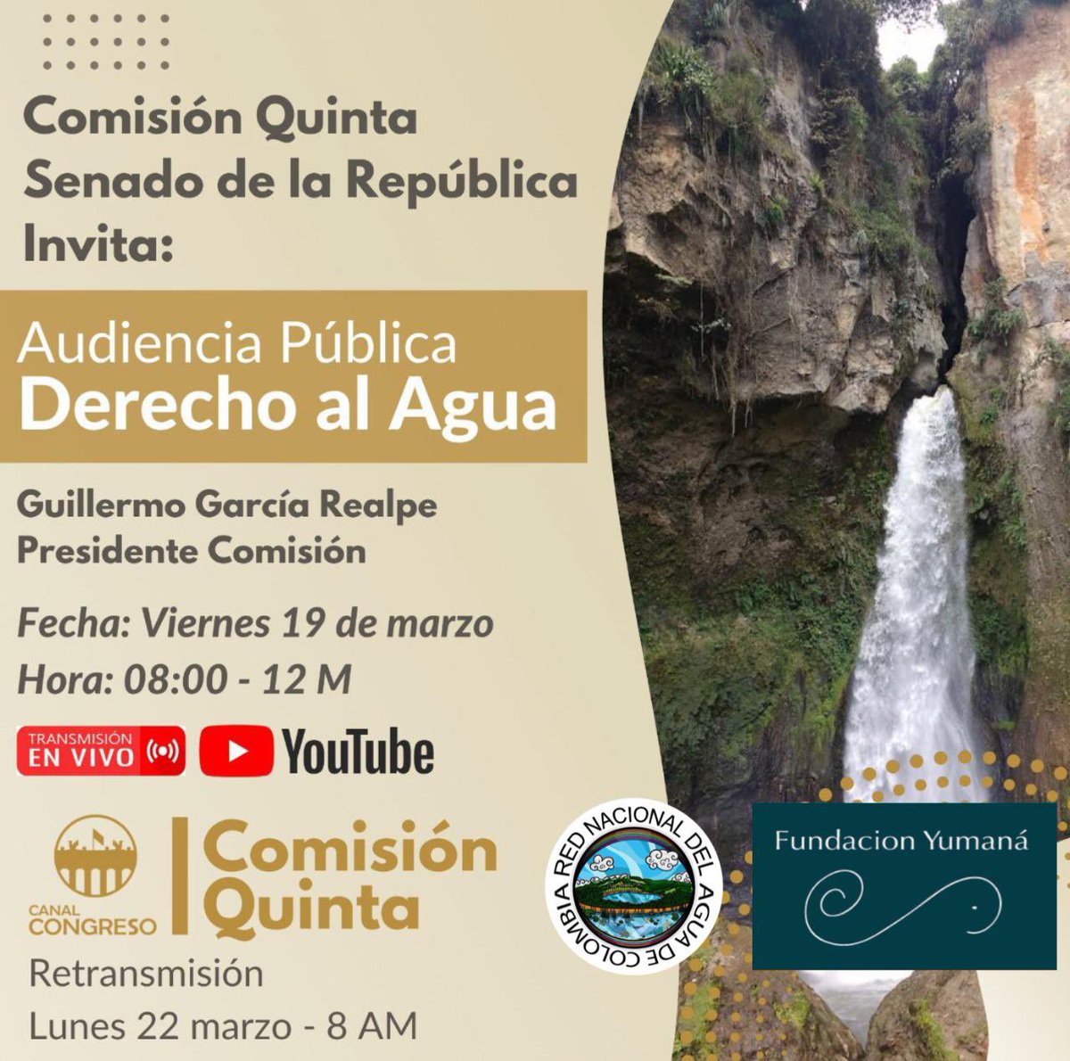 RedNalAguaCol's tweet photo. #SomosAgua @ComisionQuintaS @GGarciaRealpe Fundación Yumaná y @RedNalAguaCol convocamos Audiencia Pública @SenadoGovCo viernes 19 marzo 8:00-12:00 Derecho al Agua en Colombia. Construyamos juntos un país más respetuoso de sus aguas! 

➡️ LinkTransmisión: https://t.co/Pjpn9tqRbI https://t.co/EohPb5R0ea