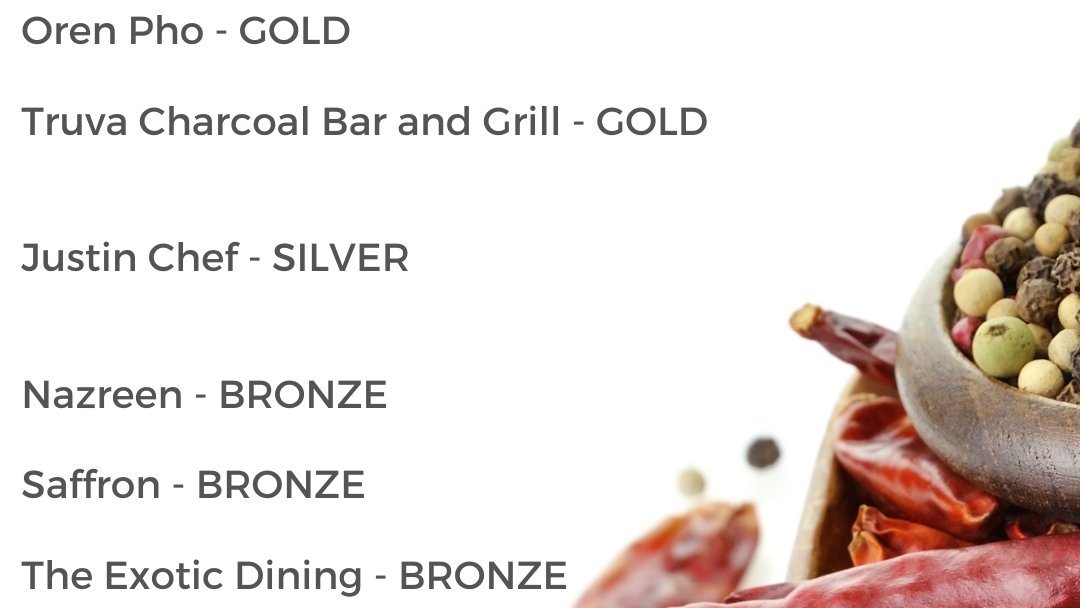 foodawardsHQ's tweet photo. More RESULTS! 'World Cuisine Restaurant of the Year' category  (sponsored by British Pepper and Spice)

OREN Pho GOLD
Truva Charcoal Grill &amp; Bar GOLD

Hashtag Justin Chef  SILVER
Nazreen Burton Latimer  BRONZE

@IndianSaffron  BRONZE
The Exotic Dining Restaurant  BRONZE https://t.co/zapZTAdxFK