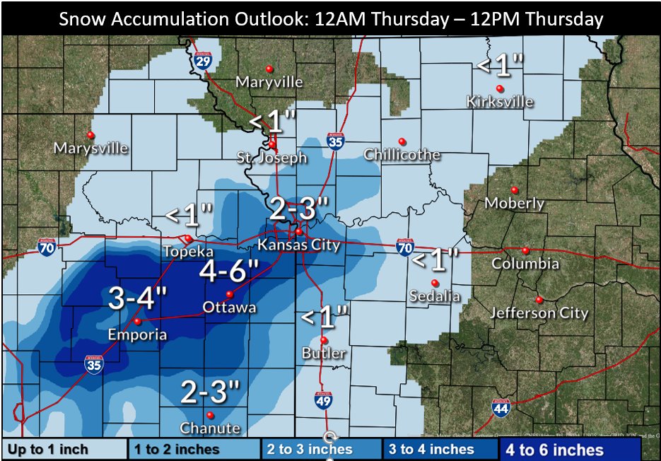 NWSKansasCity's tweet photo. Wet, accumulating snow on grassy and elevated surfaces is possible Thursday morning. This may negatively impact the Thursday morning commute, so make sure to stay weather aware. #mowx #kswx #snow https://t.co/AjjSJAS77l