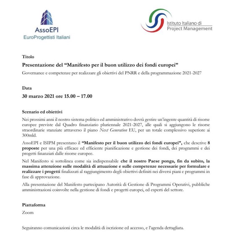 federicoprcedda's tweet image. Save The date! 30 marzo ore 15 presentiamo il Manifesto per il buon utilizzo dei fondi europei con @ISIPM_Italy e @assoEPI @MastrofiniE @marcoamici
