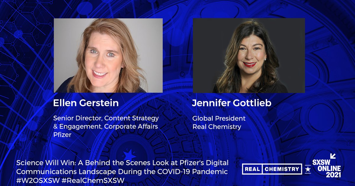 RealChemistry_'s tweet photo. Tune in now to hear our client @elleinthecity, Senior Director of Content Strategy &amp; Engagement, Corporate Affairs at @Pfizer, and our Global President @JennGottlieb discuss Pfizer’s winning #vaccine digital comms strategy. https://t.co/DQ5oeygrqp #RealChemSXSW #W2OSXSW https://t.co/lzjZbooFeH