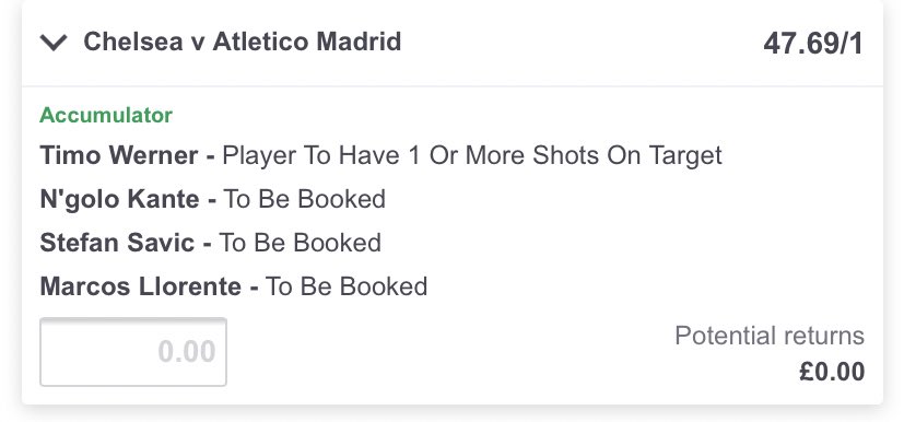 betwithbran's tweet photo. CHELSEA V ATLETICO 47/1 BUILDER👷‍♂️

⚫️Werner 1+ sot🥅
⚫️Kante to be carded🟡
⚫️Savic to be carded🟡
⚫️Llorente to be carded🟡

Backed on #PaddyPower 

#footballtwitter #betting #bettingtips #footballtips #footytips #bettingtipster #tipster #betbuilder #UCL #CHEATM https://t.co/t4uj9W5v0V