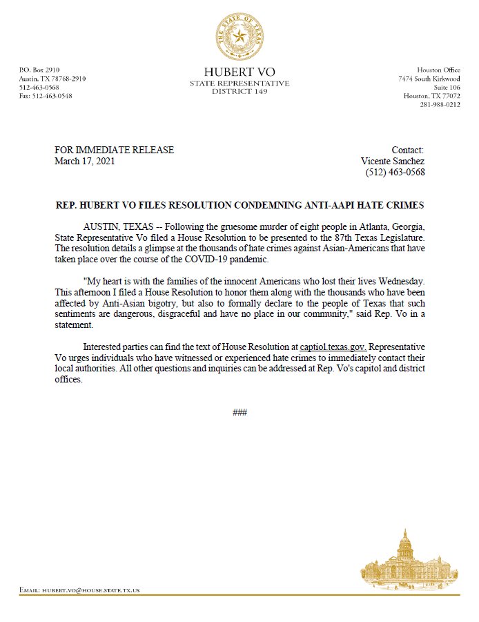 HubertVo149's tweet photo. Today I filled a House Resolution denouncing Anti-AAPI hate crimes, following the tragedy that occurred in Atlanta, Georgia. 

I urge all Texans to report hate crimes to their local authorities. 

We can and must do better. #txlege https://t.co/rEPD2iqSHg