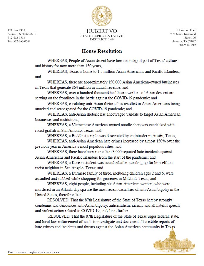 HubertVo149's tweet photo. Today I filled a House Resolution denouncing Anti-AAPI hate crimes, following the tragedy that occurred in Atlanta, Georgia. 

I urge all Texans to report hate crimes to their local authorities. 

We can and must do better. #txlege https://t.co/rEPD2iqSHg