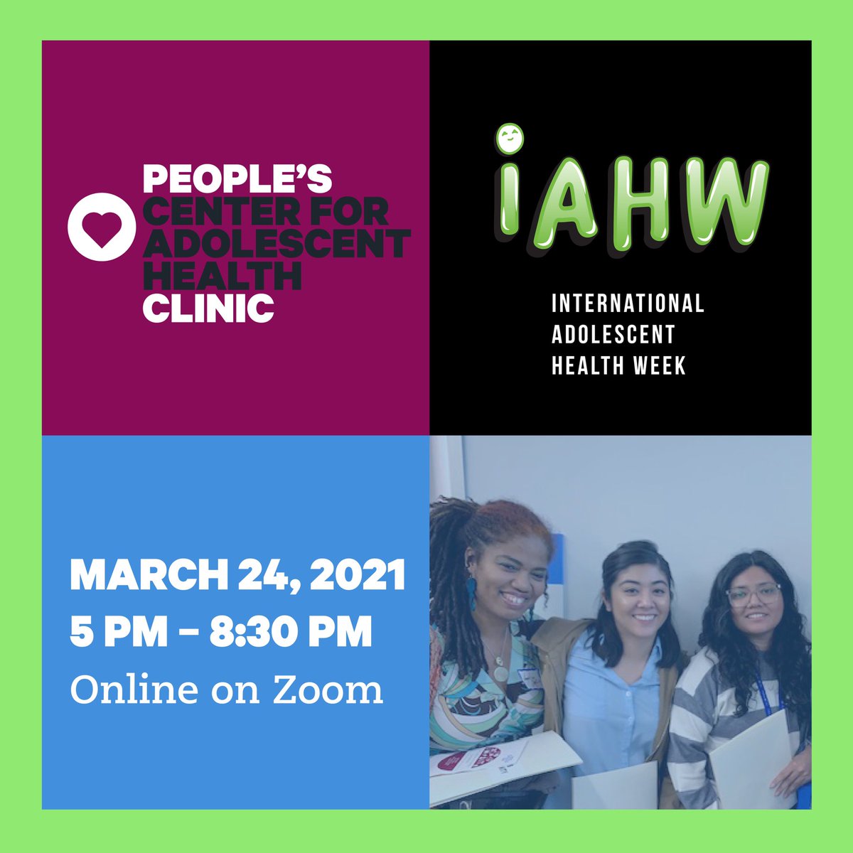PCCYouthClinic's tweet photo. Join us at our 2021 Adolescent Health Symposium! Youth and adults will present on important and timely topics that affect the health of adolescents and young adults. More info and registration: https://t.co/pvOmN8xkvQ
#iahw2021 #cardea #powertodecide #peoplescommunityclinic https://t.co/4LDlVqjmHk