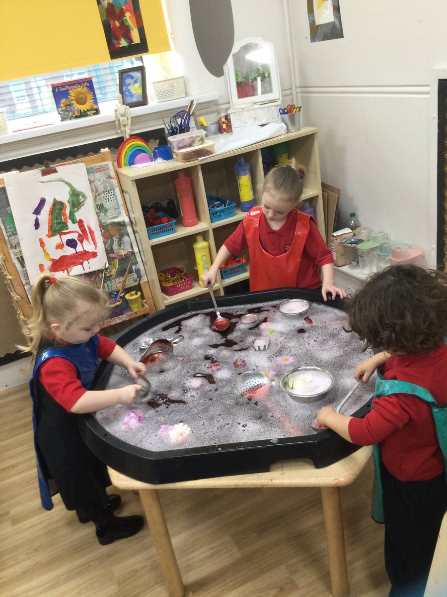 MrsHighcock's tweet photo. We enjoyed โspring soupโ so much we did it again! Lots of pouring and filling, scooping and catching. We even managed some investigation, as the red colour in the water changed the white flowers pink ๐ธ๐บ #sciencethroughplay #investigators https://t.co/mpgG3sYEPa