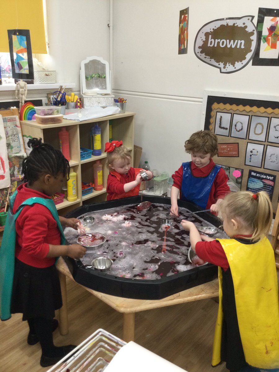 MrsHighcock's tweet photo. We enjoyed โspring soupโ so much we did it again! Lots of pouring and filling, scooping and catching. We even managed some investigation, as the red colour in the water changed the white flowers pink ๐ธ๐บ #sciencethroughplay #investigators https://t.co/mpgG3sYEPa